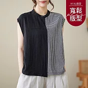 【慢。生活】復古休閒格紋拼色亞麻無袖襯衫 6395 FREE 黑色