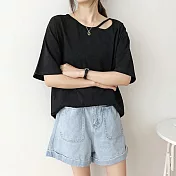 【言】設計款肩縷空純色棉料T恤上衣 (3色)      FREE 黑色