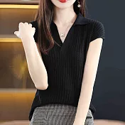 【MsMore】 polo領短袖寬鬆短款針織衫翻領冰絲短版上衣# 124812 FREE 黑色
