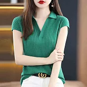 【MsMore】 polo領短袖寬鬆短款針織衫翻領冰絲短版上衣# 124812 FREE 綠色