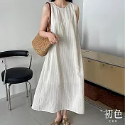 【初色】圓領棉麻風後背鏤設計條紋百搭寬鬆無袖連身裙洋裝-白底條紋-11787(M-2XL可選) M 白底條紋