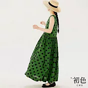 【初色】圓領波點印花寬鬆收腰設計顯瘦無袖連身裙洋裝-綠色-11788(M-2XL可選) M 綠色