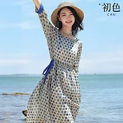 【初色】遮肉顯瘦波點圓領七分長袖收腰中長連衣裙連身洋裝-圓點-10550(M-2XL可選) M 圓點