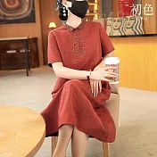 【初色】復古文藝刺繡純色簡約休閒百搭翻領短袖中長裙連衣裙連衣洋裝-棗紅色-35356(M-2XL可選) 2XL 棗紅色