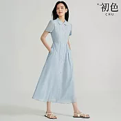 【初色】簡約棉麻純色娃娃領收腰修身短袖連衣裙連身洋裝長洋裝-共2色-11857(M-2XL可選) M 藍色