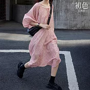 【初色】碎花印花圓領五分袖長袖寬鬆輕薄透氣中長裙連衣裙連身洋裝長裙-粉色-11802(L-2XL可選) L 粉色