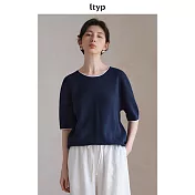 ltyp旅途原品 長絨棉撞色捲邊針織短袖T恤 極簡圓領氣質上衣女 M L  L 星空藍