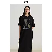ltyp旅途原品 個性藝術印花休閒實穿T恤連衣裙直筒短袖中長裙女 M L  M 靜謐黑