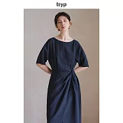 ltyp旅途原品 皺感肌理亞麻立裁圍裹式收腰連衣裙 優雅氣質長裙女 M L  M 星空藍