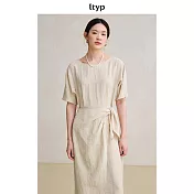 ltyp旅途原品 皺感肌理亞麻立裁圍裹式收腰連衣裙 優雅氣質長裙女 M L  M 杏仁米