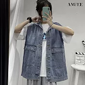 【AMIEE】ins工裝夾克牛仔馬甲外套(KDCY-7995) M 藍色
