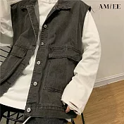【AMIEE】ins工裝夾克牛仔馬甲外套(KDCY-7995) M 黑灰