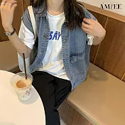 【AMIEE】潮流外穿無袖坎肩開衫牛仔馬甲外套(KDCY-5103) M 藍色