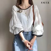 【AMIEE】純色壓褶泡泡袖長袖圓領雪紡衫上衣(KDTY-4377) M 白色