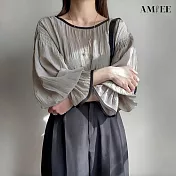 【AMIEE】純色壓褶泡泡袖長袖圓領雪紡衫上衣(KDTY-4377) M 卡其