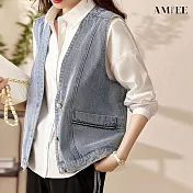 【AMIEE】韓版休閒無袖背心牛仔馬甲外套(KDCY-7192) L 淺藍色