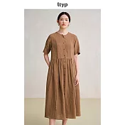ltyp旅途原品 100%色織亞麻文藝連衣裙 簡約風短袖連衣裙女夏新款 M L  L 胡桃棕