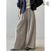【衣途】條紋直筒高腰寬褲女長褲(KDPY-B215) M 米色