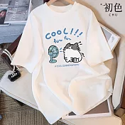【初色】童趣卡通插畫吹風小貓印花寬鬆圓領短袖T恤上衣女上衣-共2款5色-11515.11516(M-3XL可選) M 吹風小貓-白色