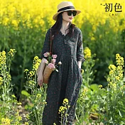 【初色】復古輕奢寬鬆圖案印花胸口袋花邊V領五分袖中長裙連衣裙連身洋裝-花色-11804(M-2XL可選) M 花色