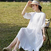 【初色】文藝棉麻氣質寬鬆純色鈕扣圓領五分袖沙灘裙中長裙連衣裙連身洋裝-白色-11814(M-2XL可選) M 白色