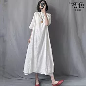 【初色】新中式棉麻風素色盤釦立領五分袖連衣裙連身洋裝長裙-白色-11816(M-2XL可選) M 白色