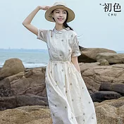 【初色】蒲公英刺繡清新薄款綁帶收腰顯瘦娃娃領短袖襯衫連衣裙連身洋裝長洋裝-白色-11817(M-2XL可選) M 白色