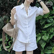 【初色】翻領長袖單排釦襯衫上衣女上衣+純色休閒褲寬褲短褲套裝-白色-11821(M-2XL可選) M 白色
