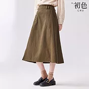 【初色】通勤風純色單排釦高腰口袋傘裙A字裙中長裙半身裙-共2色-11754(M-2XL可選) M 綠色
