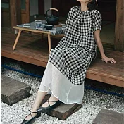 【ACheter】 格子圓領拼接連身裙休閒鬆弛感日系風格長版短袖洋裝# 124893 2XL 黑色