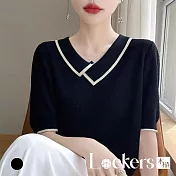 【Lockers 木櫃】不規則撞色短袖針織衫 L114051904 黑色