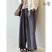 【衣途】復古格紋闊腿褲女長褲(KDPY-B330) M 藏青格