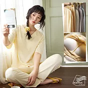 【BODYAIR】涼滑感蠶絲帶胸墊睡衣套裝(一體成型.BRA.居家服.居家褲.CASUAL) M 黃