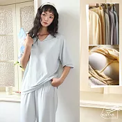 【BODYAIR】涼滑感蠶絲帶胸墊睡衣套裝(一體成型.BRA.居家服.居家褲.CASUAL) M 藍