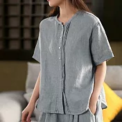 【ACheter】 重工色織亞麻感炒色襯衫氣質風琴褶單排扣寬鬆短版短袖上衣# 125019 L 藍色