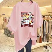【初色】圓領短袖寬鬆棒球貓咪印花休閒T恤上衣女上衣-共8色-11603(M-3XL可選) M 粉紅色