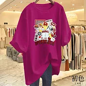 【初色】圓領短袖寬鬆棒球貓咪印花休閒T恤上衣女上衣-共8色-11603(M-3XL可選) M 玫紅色