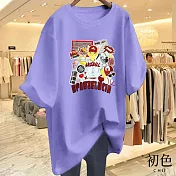 【初色】圓領短袖寬鬆棒球貓咪印花休閒T恤上衣女上衣-共8色-11603(M-3XL可選) M 紫色
