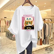 【初色】圓領短袖貓貓印花休閒T恤上衣女上衣-共8色-11604(M-3XL可選) M 白色