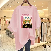【初色】圓領短袖貓貓印花休閒T恤上衣女上衣-共8色-11604(M-3XL可選) M 粉紅色