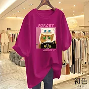 【初色】圓領短袖貓貓印花休閒T恤上衣女上衣-共8色-11604(M-3XL可選) M 玫紅色