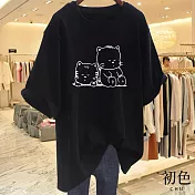 【初色】寬鬆圓領短袖貓貓印花休閒T恤上衣女上衣-共8色-11609(M-3XL可選) M 黑色