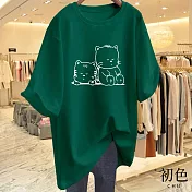【初色】寬鬆圓領短袖貓貓印花休閒T恤上衣女上衣-共8色-11609(M-3XL可選) M 綠色