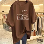 【初色】寬鬆圓領短袖貓貓印花休閒T恤上衣女上衣-共8色-11609(M-3XL可選) M 咖啡色
