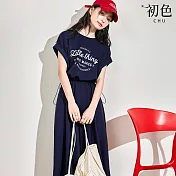 【初色】圓領字母印花短袖捲邊袖抽繩束腰鬆緊腰中長裙連衣裙連身洋裝-藏青色-36381(M-2XL可選) M 藏青色