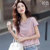【初色】溫柔風純色圓領短袖蕾絲花邊T恤上衣女上衣-共2色-12063(M-2XL可選) M 粉色
