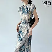 【初色】雪紡水墨印花收腰顯瘦口袋拉鍊圓領花瓣袖短袖中長裙連衣裙連身洋裝-水墨花-36240(M-2XL可選) L 水墨花