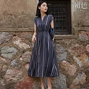 【初色】度假風撞色條紋復古簡約收腰顯瘦休閒小V領短袖連衣裙連身洋裝長洋裝-灰藍條紋-11916(M-2XL可選) M 灰藍條紋