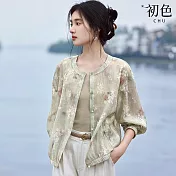 【初色】新中式復古肌理感暗花印花圓領輕薄防曬遮陽長袖寬鬆襯衫式外套女外套-花色-12033(M-3XL可選) M 花色