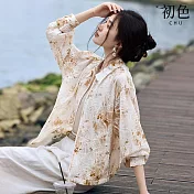 【初色】印花暈染襯衫式遮陽防曬翻領長袖拉鍊輕薄寬鬆外套女外套-咖色-12035(M-3XL可選) M 咖色